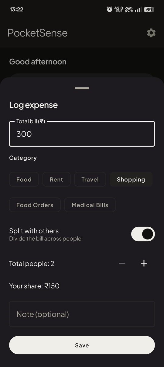 Logging an expense with amount, category and note