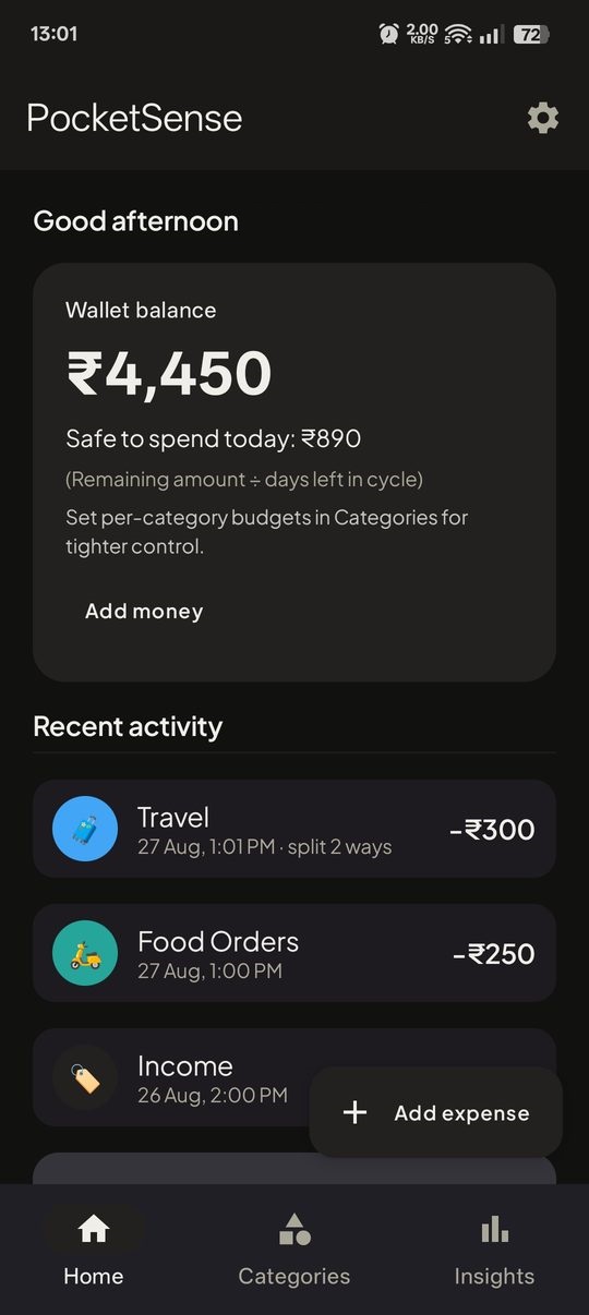 Home screen showing the wallet balance and recent transactions