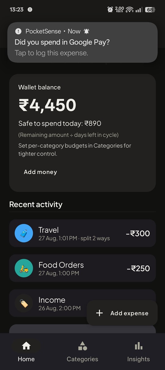PocketSense showing a notification asking whether you spent money in Google Pay, over the home screen